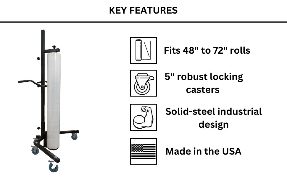 Mobile Vertical Pallet Wrapping Dispenser - Fits Rolls from 48" to 72" - EP-795 - Made in USA